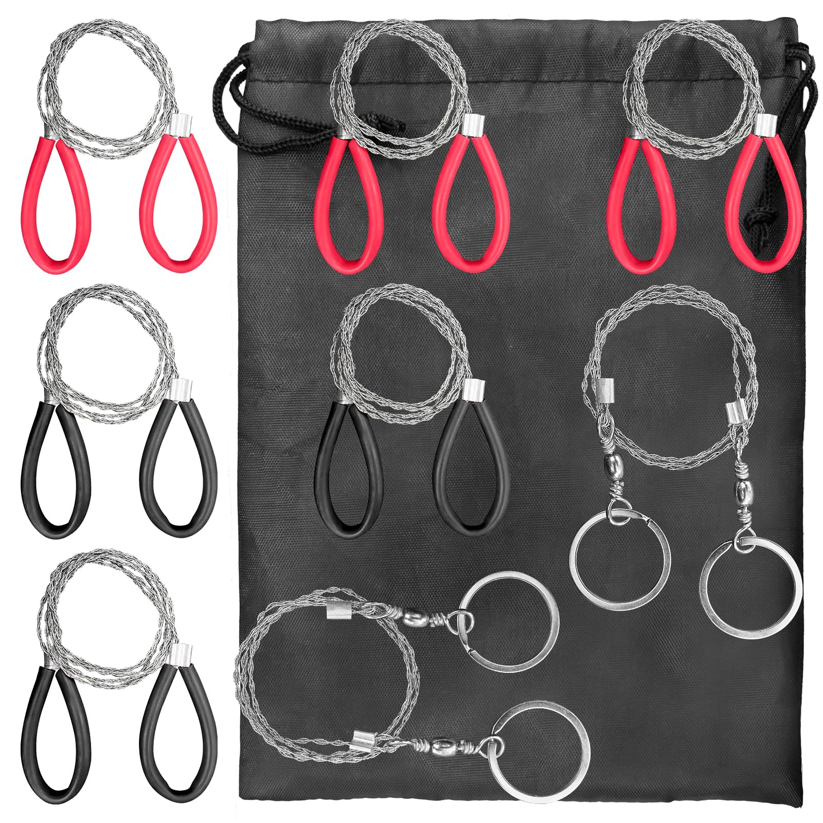 8pcs Stainless Steel Cable Saw, Emergency Survival Rope Cutting Tool, PVC Pipe Cutting Tool for Wooden Camping and Hiking Hunting, Red 3pcs, Black 3pcs, Silver 2pcs, Comes with 1pcs Storage Bag