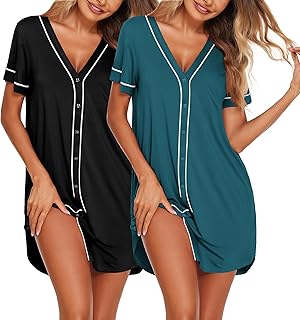 Ekouaer Nightgowns for Women 2 Pack Button Down Sleep Shirts Short Sleeve Night Shirts V Neck Sleepwear Soft Pajama Dress