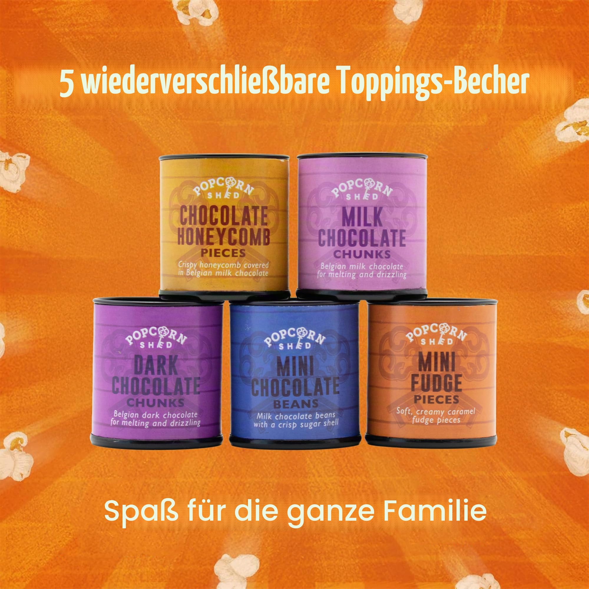 DIY Filmabend Popcorn Toppingset, eigenes Popcorn herstellen, fünf leckere Popcorn-Toppings + 500 g Popcornmais, Spaß für Kinder, Erwachsene und gesellige Abende