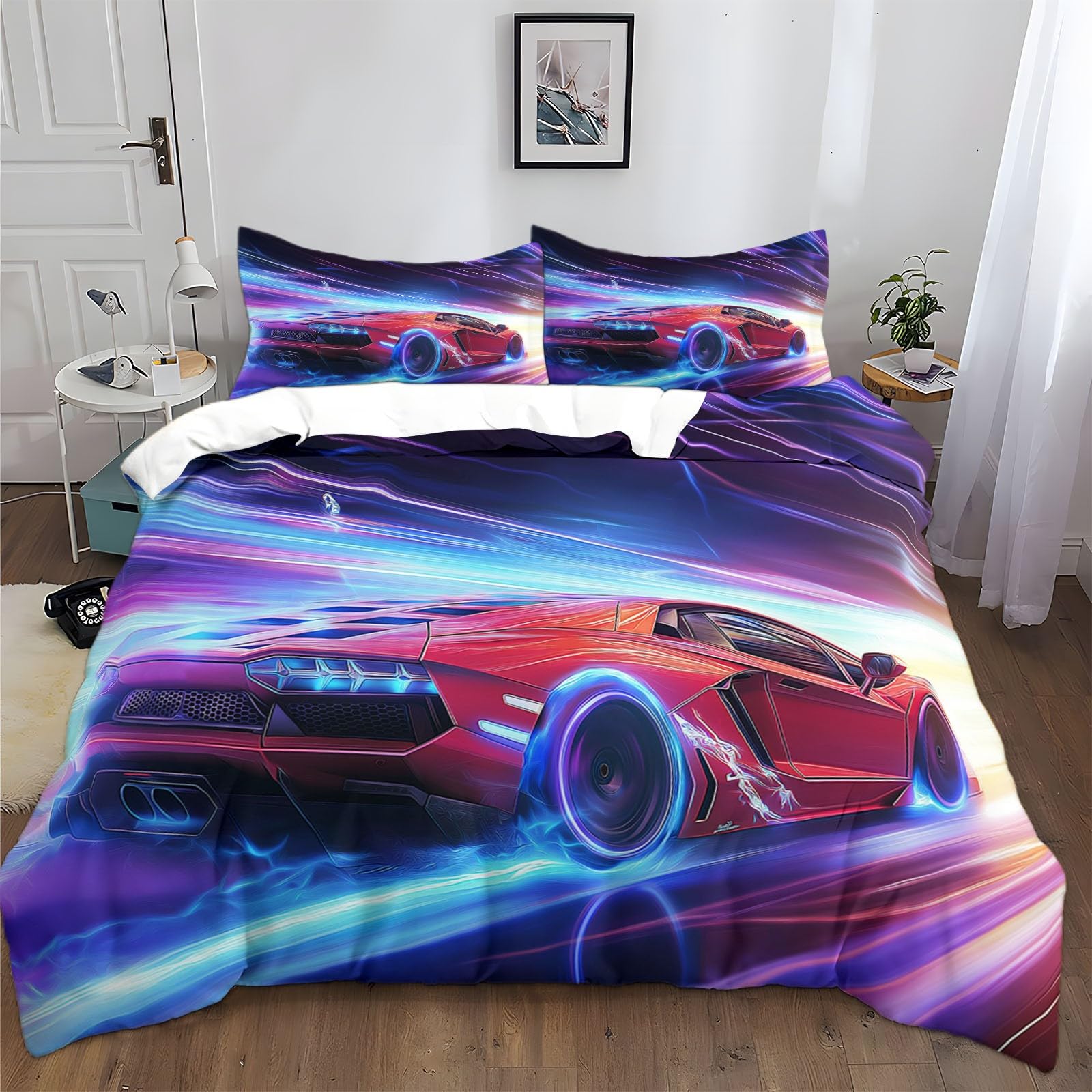 Housse de couette 240x260 grand lit adulte avec motif voiture de sport rouge