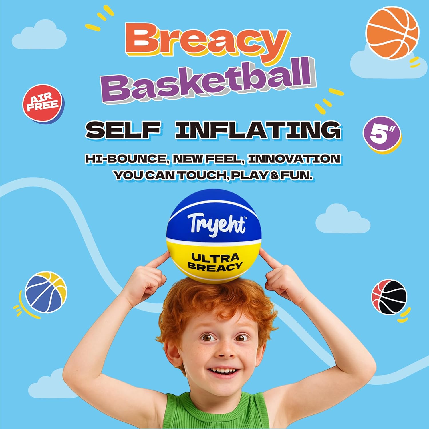 Mini Basketball, 5-Inch Self-Inflating Rubber Breacy Ball – No Pump Needed, High-Bounce for Indoor Mini Hoop & Outdoor Play, (Blue and Yellow)