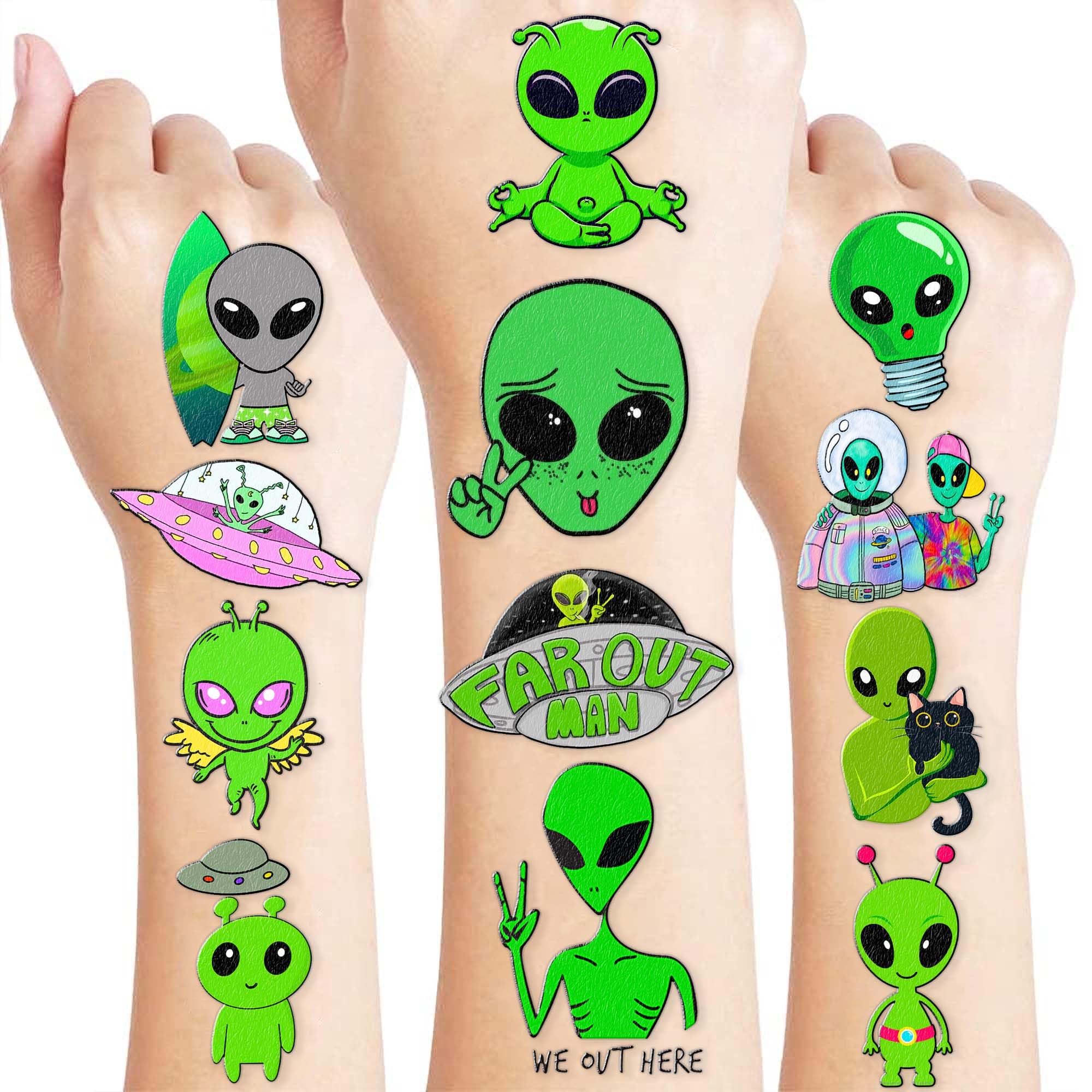 96PCS Cute Alien Temporary Tattoos Themed Birthday Party Decorations Supplies Favors Decor Funny Outer Space Galaxy Stickers Tattoo Gifts for Girls