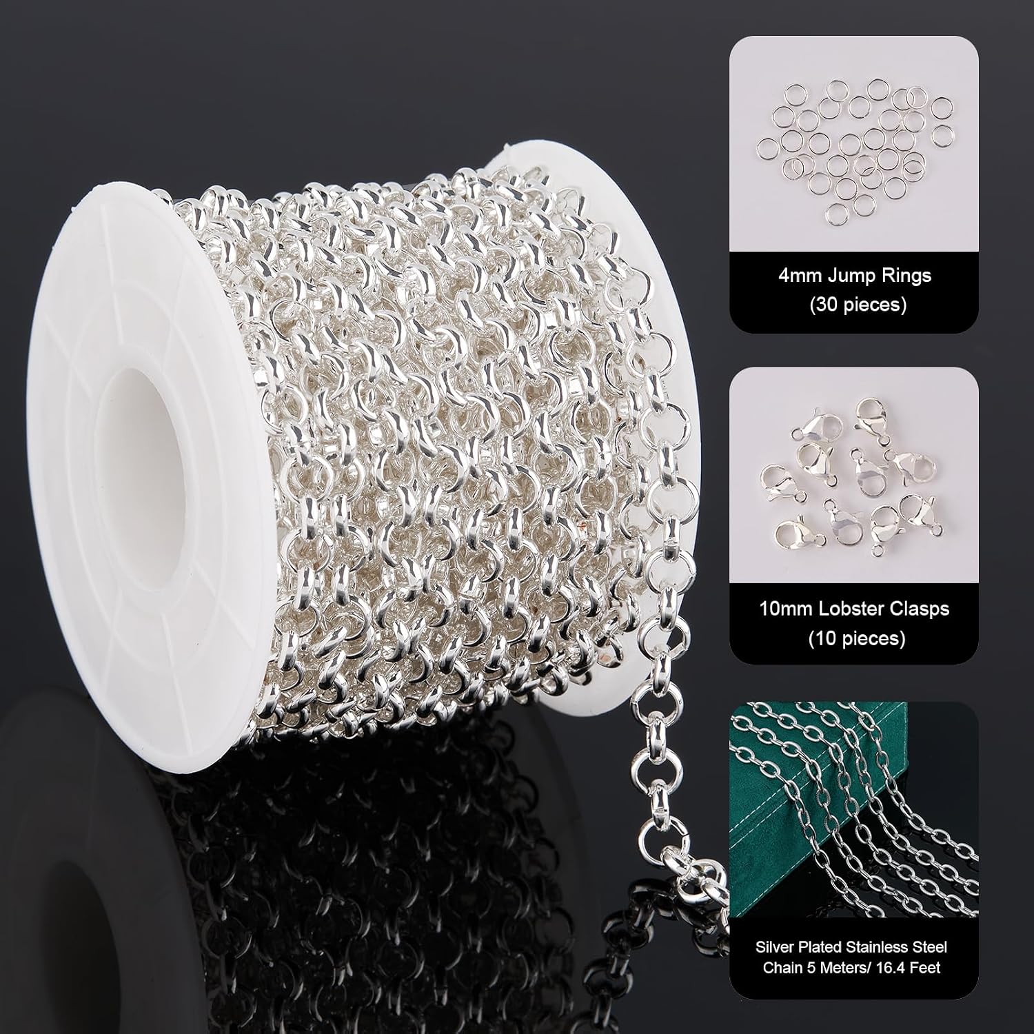 UMAOKANG 16.4ft Silver Plated Chain for Jewelry Making Stainless Steel Circle Bulk Chains on Spool with Lobster Clasps Jump Rings