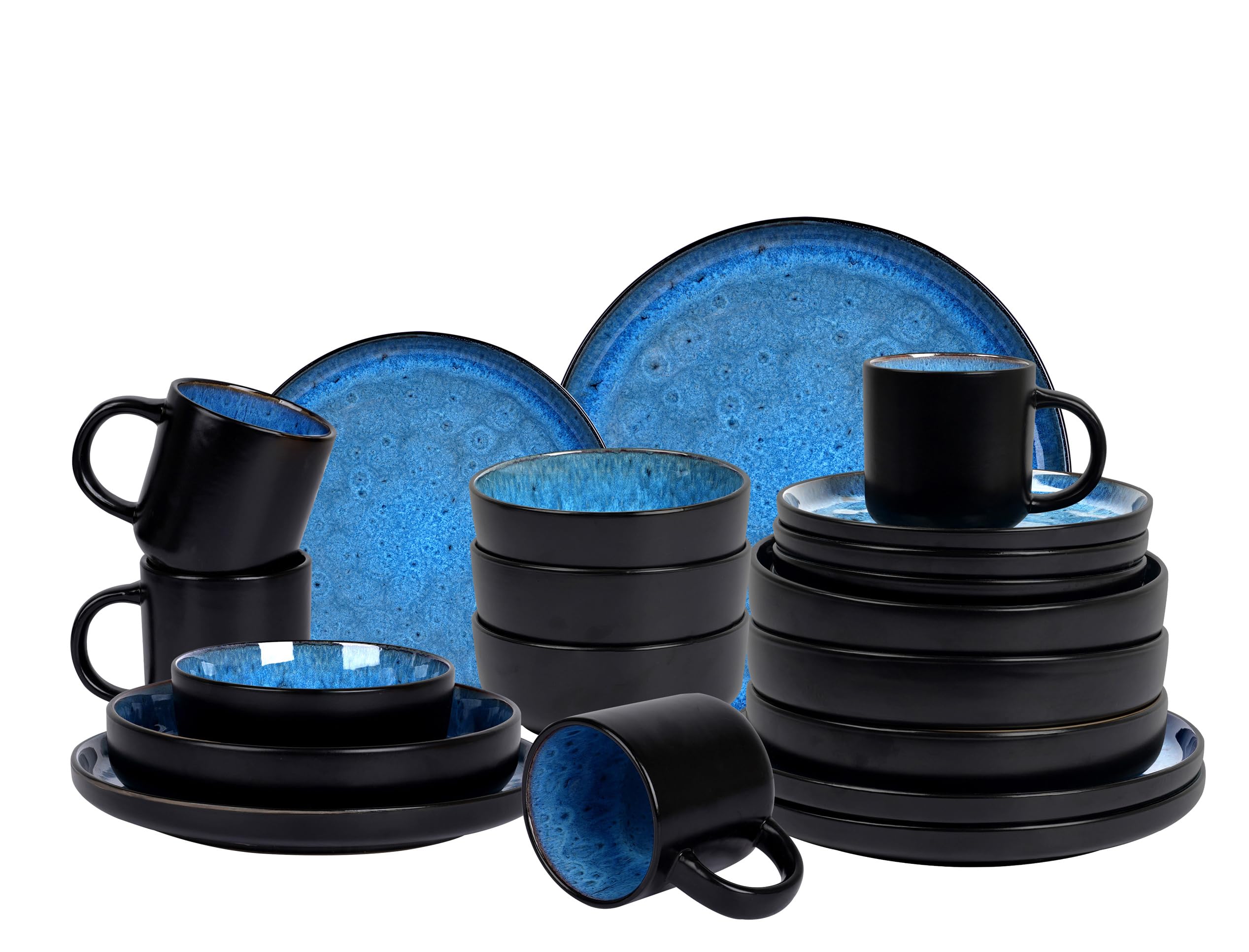 Home VSS, Euro-Nordic Stoneware 20pc Dinnerware Set, Reactive Glaze Bubble Blue