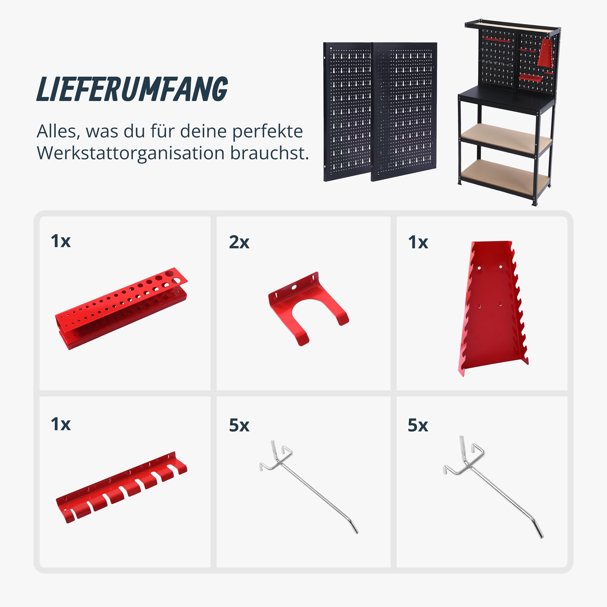 Relaxdays Werkbank, HBT: 155x80,5x41 cm, 3 Ebenen, mit Lochwand, Ablage & Zubehör, Stahl & MDF, Werkstattregal, schwarz