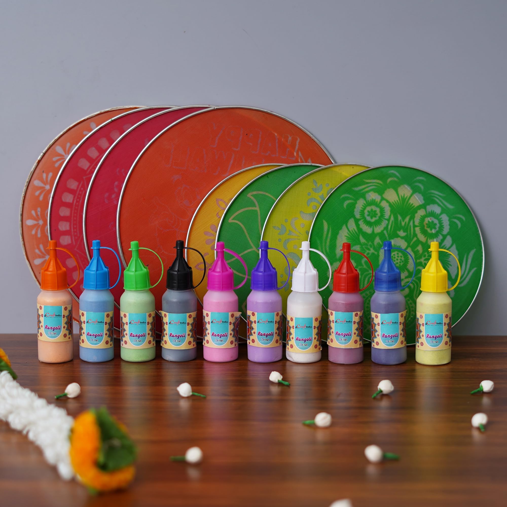 eCraftIndia Set of 8 Designer Diwali Rangoli Stencils Set- Stencils For Rangoli Design-4 Big Size 4 Small Size Stencils|10 Rangoli Colours Bottles-Rangoli Bottles Diwali Decoration Item for Home Decor