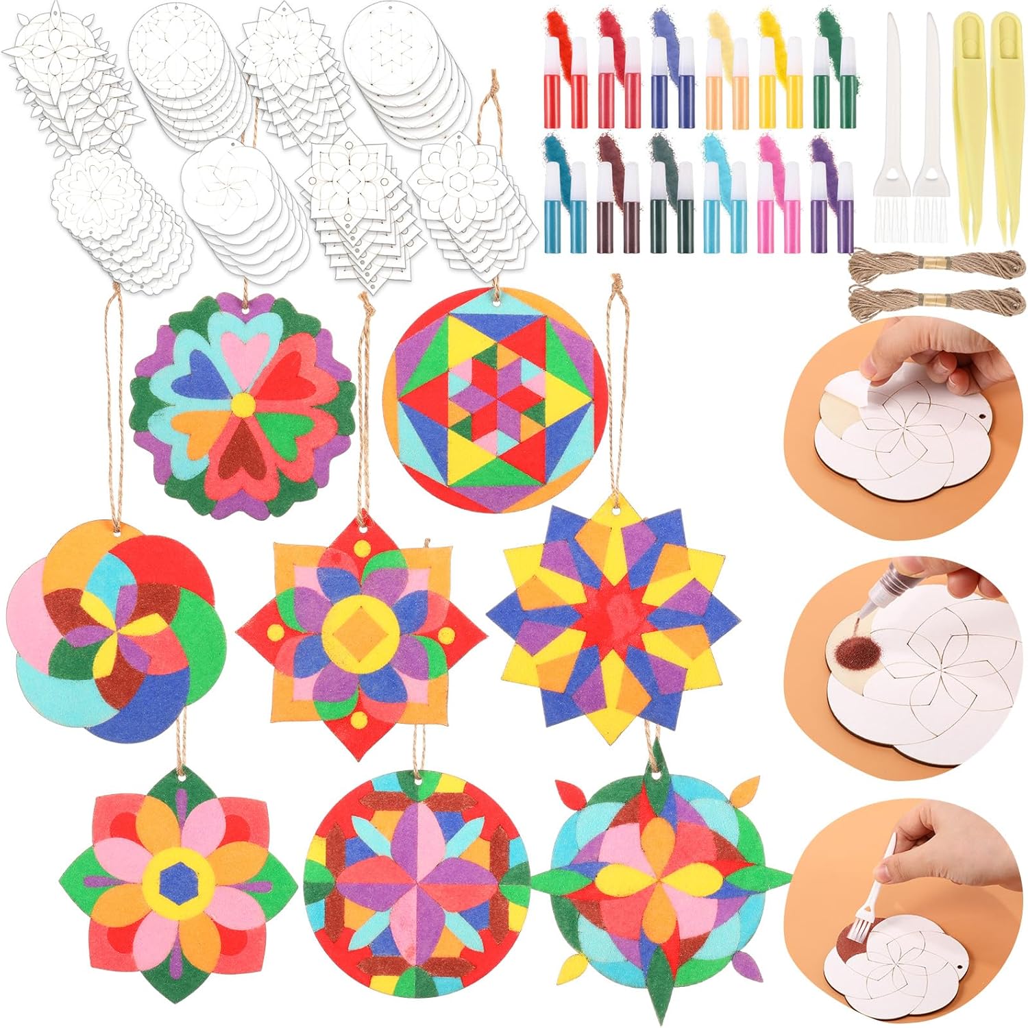 Weekgrat 48 Pcs 4 Inch Sand Painting Mandala Coloring Craft Kits Animal Wooden Sand Art with 24 Colored DIY Valentine Self Adhesive Painting for Gifts Fun Home Activities