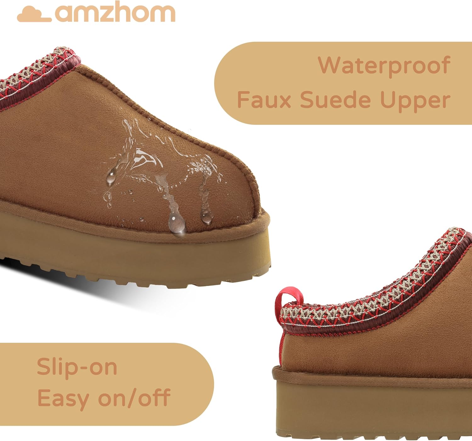 Amzhom Platform Slippers for Women, Womens Mini Snow Boots Slip On Indoor Outdoor Slippers Suede Leather Non-slip Ankle Boots Brown, Size 6 - Image 5