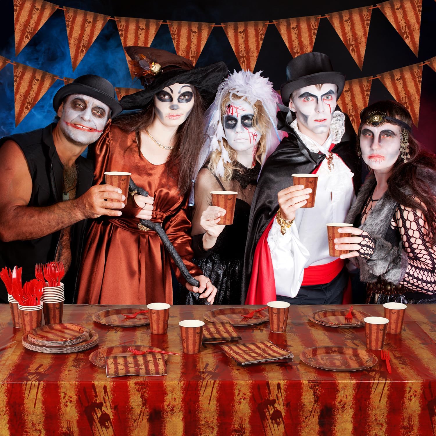 172 Pcs Creepy Carnival Table Decorations Red Striped Tableware Cutlery Set with Table Cloth Paper Plates Napkins Cups Knives Forks Spoon Circus Theme Party for Halloween Birthday Picnic Decor