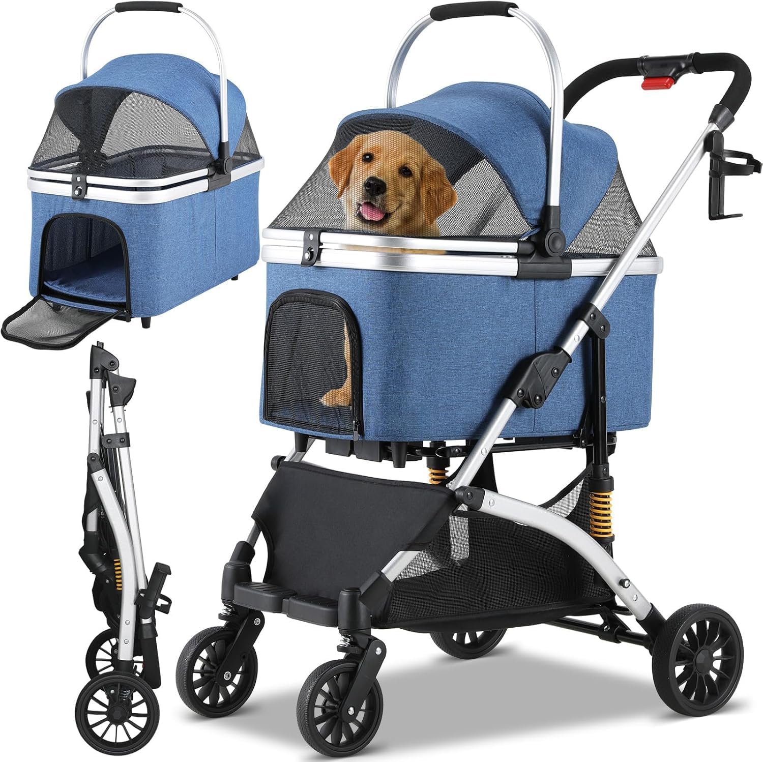 Dog Pram, Pet Stroller, 3 in 1 Folding Dog Stroller Pram w/ 4 Wheels, Storage Basket, Cup Holder, Safety Leashes, Foldable Dog Pushchair for Medium Dog 15kg