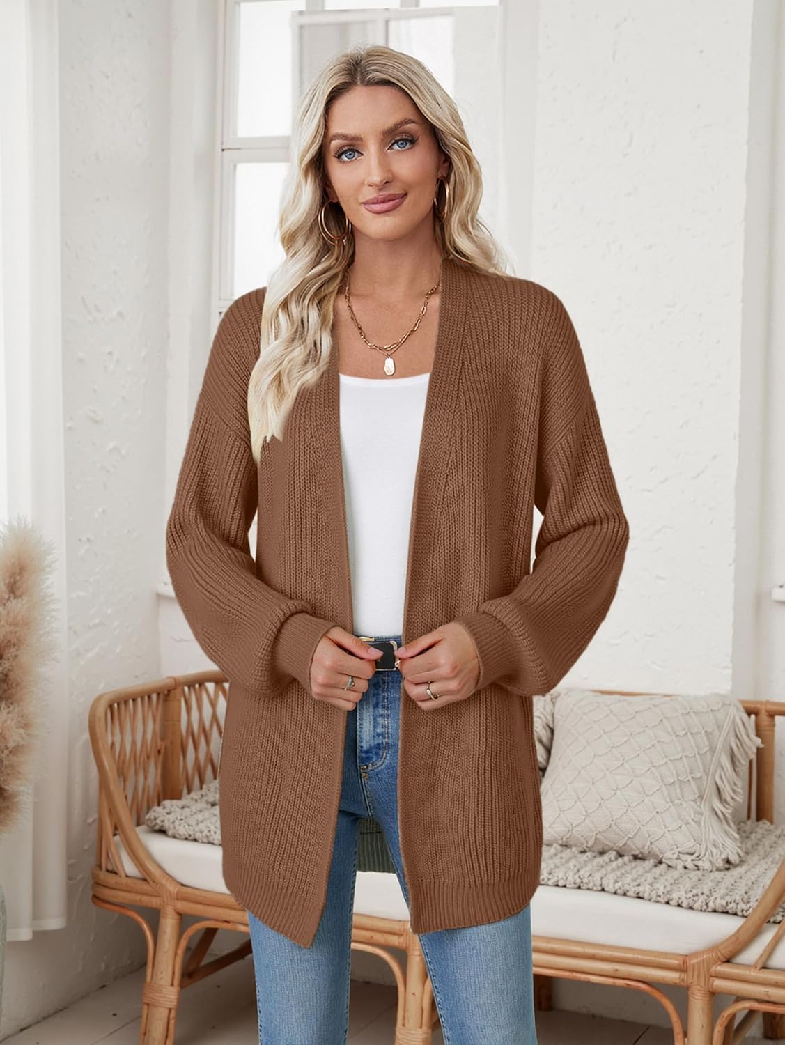 Womens Oversized Long Cardigan Sweater Fall 2025 Trendy Chunky Waffle Knit Open Front Dressy Cardigans - Image 8
