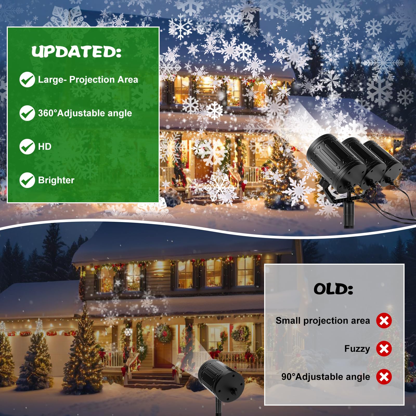 Charmofun Proiettore Natale Esterno, tre teste dinamica LED fiocchi di neve proiettore con Timer, Impermeabile Illuminazione natalizia Decorazioni esterna per giardino finestra parete (Snow)