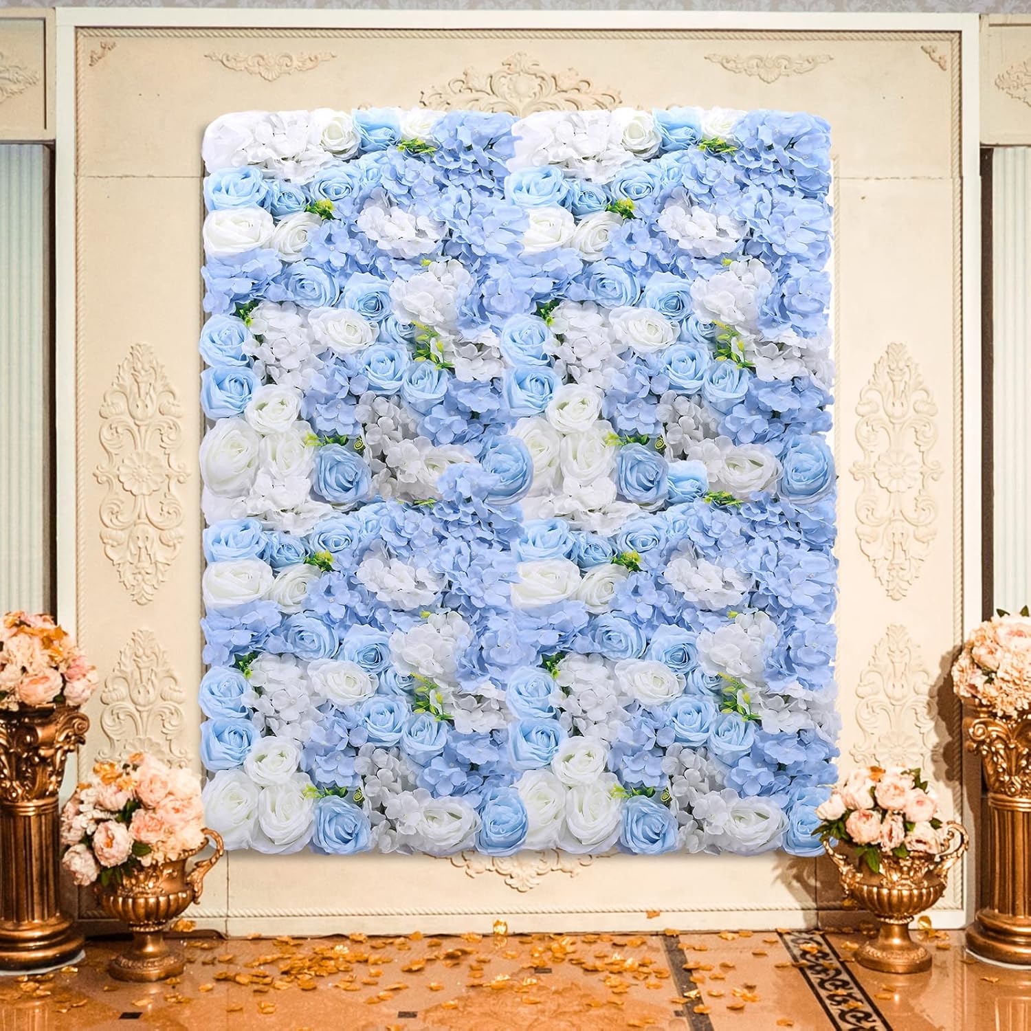LOYALHEARTDY 4 Pack Artificial Flower Wall Panels 24" x 16" Blue & White Faux Hydrangea and Rose Artificial Flower Backdrop Panels for Wedding Party Event Flower Wall Decor