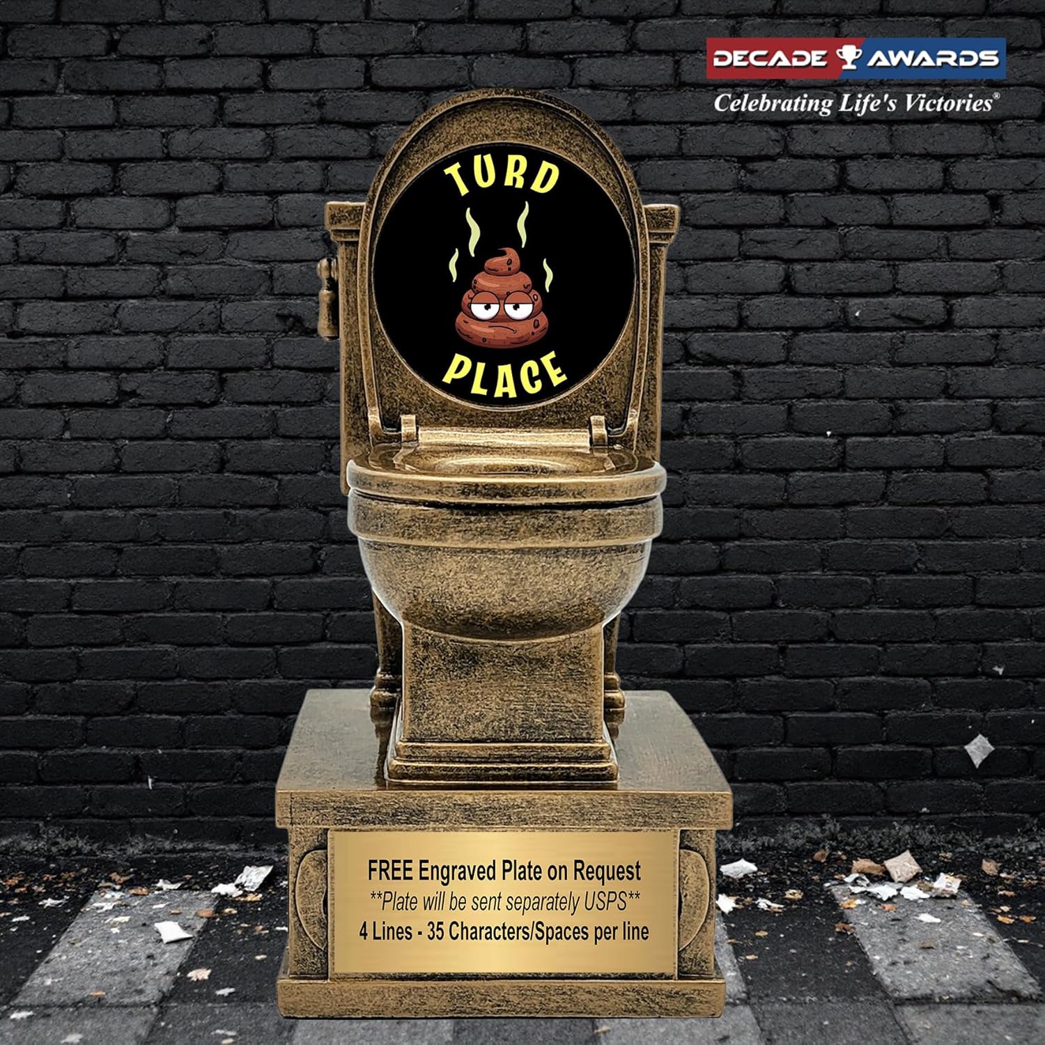 Decade Awards Action Pedestal Gold Toilet Bowl Trophy with Optional Inserts - Custom Engraved Plate On Request (7 Inch Tall)