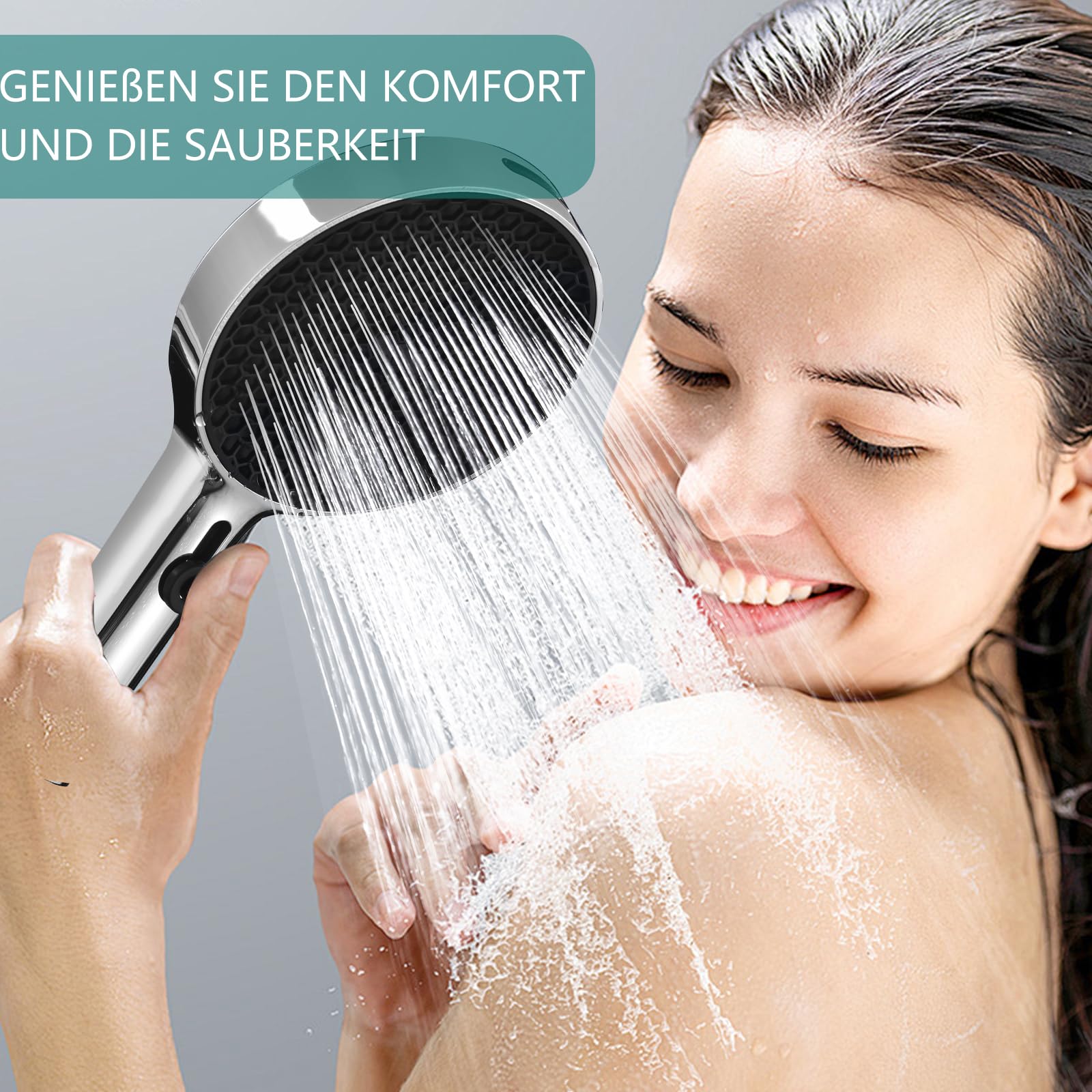 Soffione doccia grande ad alta pressione XXL con tubo soffione a pioggia con 3 + 1 tipi di getto, 130 mm, soffione doccia a risparmio d'acqua, soffione doccia doccia con ugelli in silicone