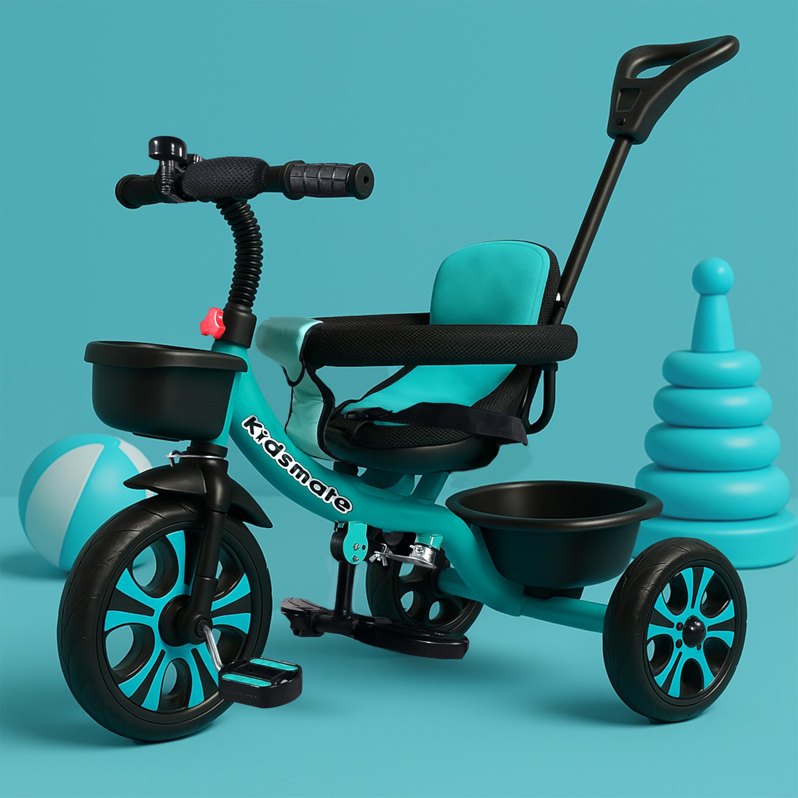 Kidsmate Thunder Plug N Play Kids/Baby Tricycle with Safety Guard Rail and Parental Control | Storage Basket | Fabric Cushion Seat & Bell for 12 Months to 48 Months Boys/Girls (Sea Green)