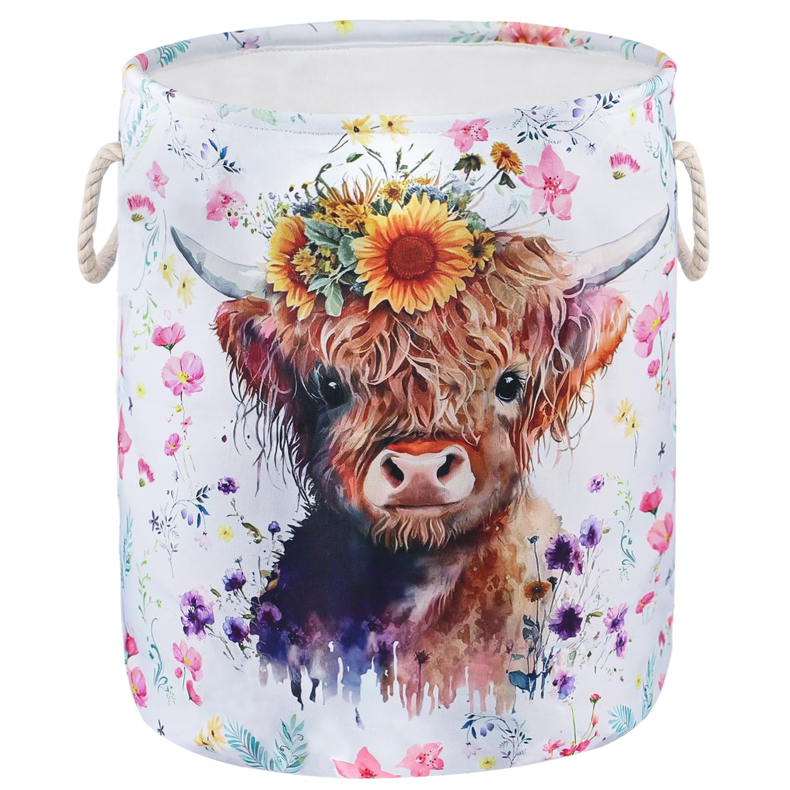 Highland Cow Print Kids Laundry Basket Cute Baby Nursery Hamper Farmhouse Stuff Storage Bag Western Room Decor Tote Pink Clothes Organizer Sunflower Toy Bin Gift for Bedroom Bathroom Teen Girls Boy, M