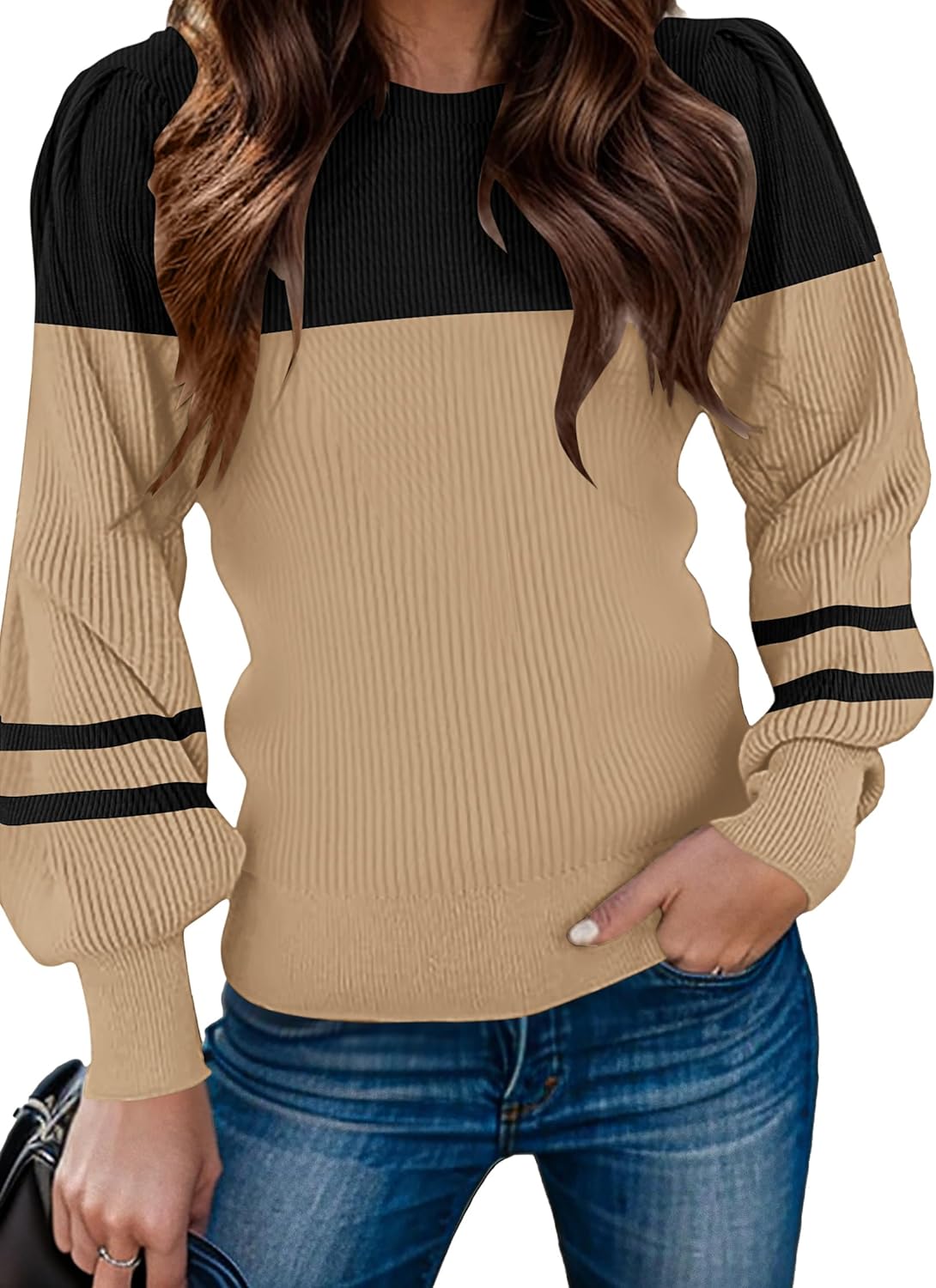Zeagoo Womens Sweaters Fall 2024 Fashion Trendy Long Sleeve Sweaters Ribbed Knit Winter Outfits Puff Pullover Jumper Tops