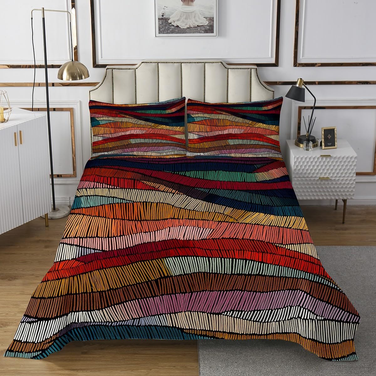 jejeloiu Boho Bedspread Quilts Bohemian Wavy Coverlet Set King Size for Boys Girls Rainbow Embroidered Waves Print Quilted Coverlet with 2 Pillowcases Geometric Tribal Ethnic Geometric Tribal Ethnic