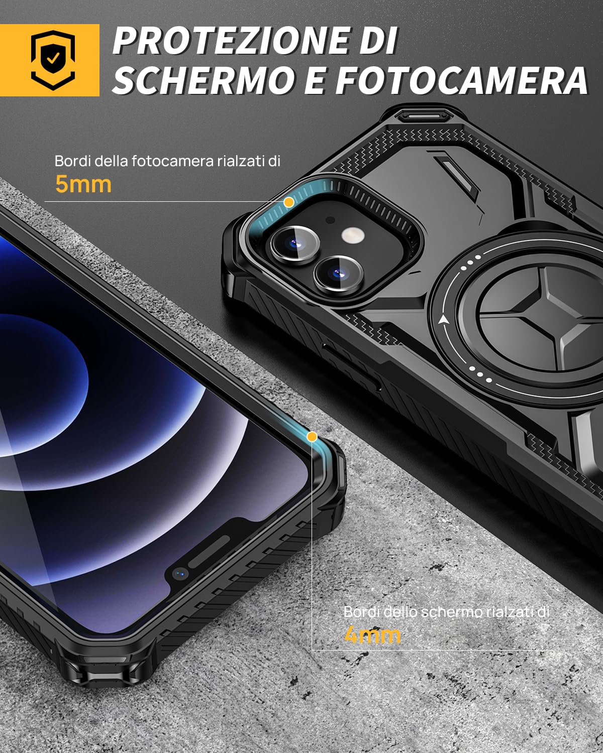 Lanhiem Cover iPhone 12/12 Pro con 2 Pezzi 9H Vetro Temperato, Supporto Magnetico ad Anello a 360°Protezione Antiurto Anticaduta di Livello Militare Armor Custodia iPhone 12 Pro / 12, Nero