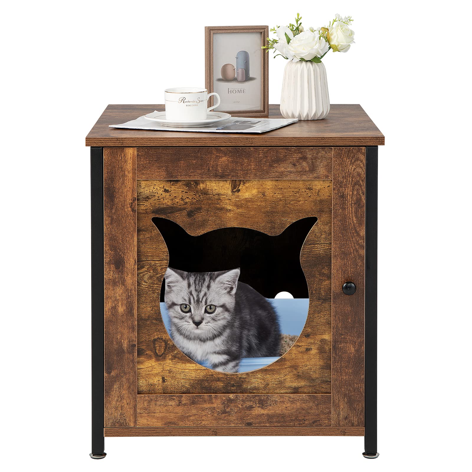 COSTWAY Mueble Arenero Gatos, Mueble Arenero para Gatos Baño Privado, Lavabo Oculto para Gato con Puerta, Estructura Metálica Interior Decorativa para Gatos Grandes & Pequeños, 50x53x55cm