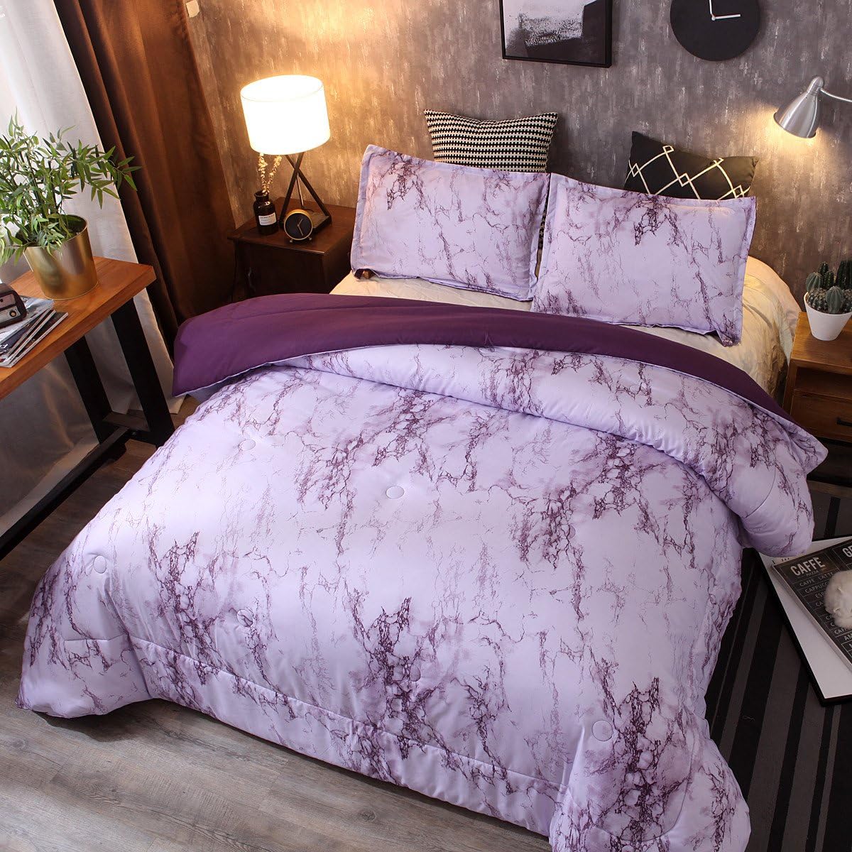 NTBED Marble Comforter Sets Queen Purple Printed 3pcs Bed Set Lightweight Microfiber Bedding Quilt for Adults