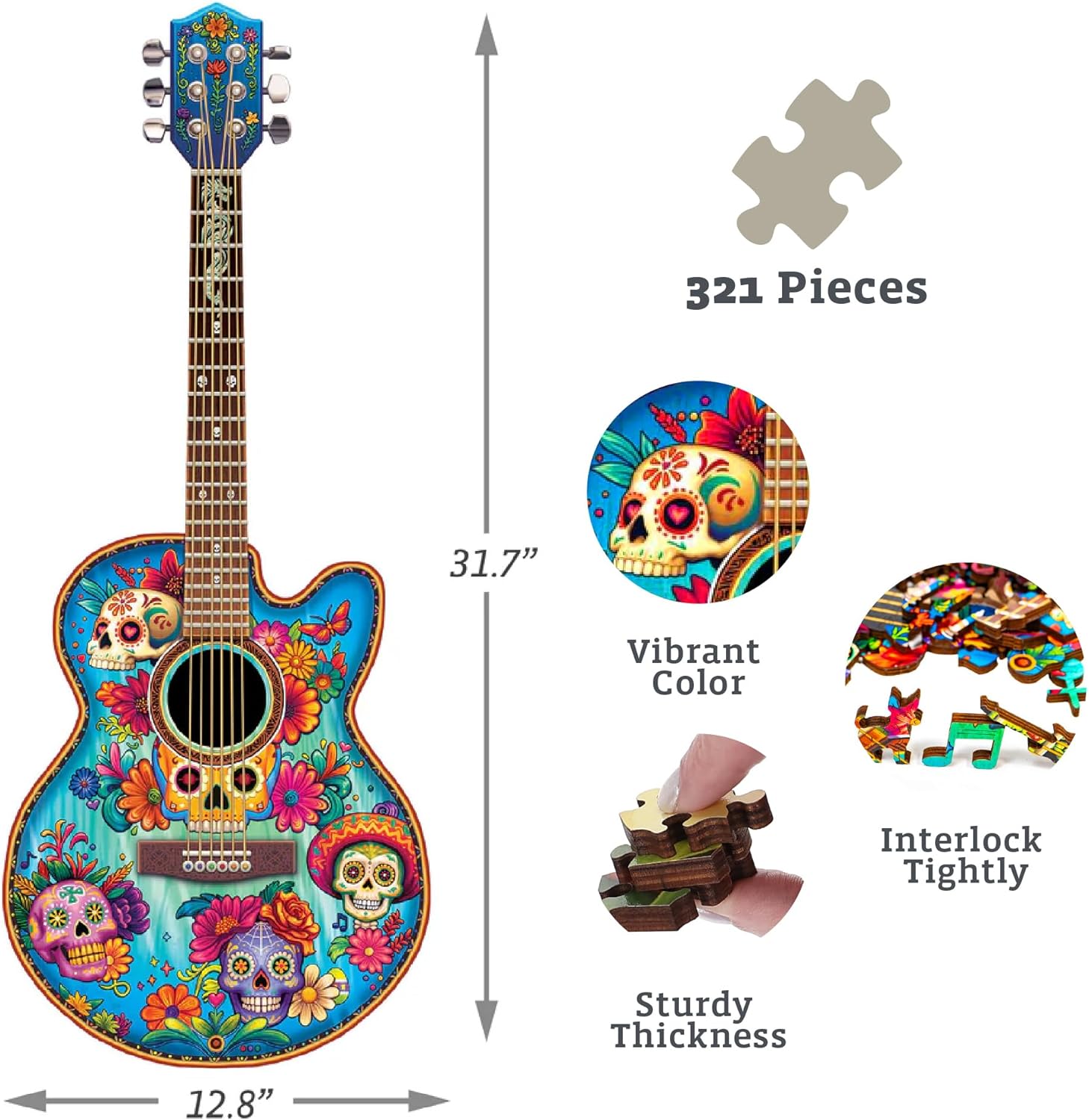 Boardwalk Puzzles Luxury Wood Puzzle - Guitar Calavera Large Size - 321 Pieces - Engaging Wooden Puzzle Activity Kids Adults