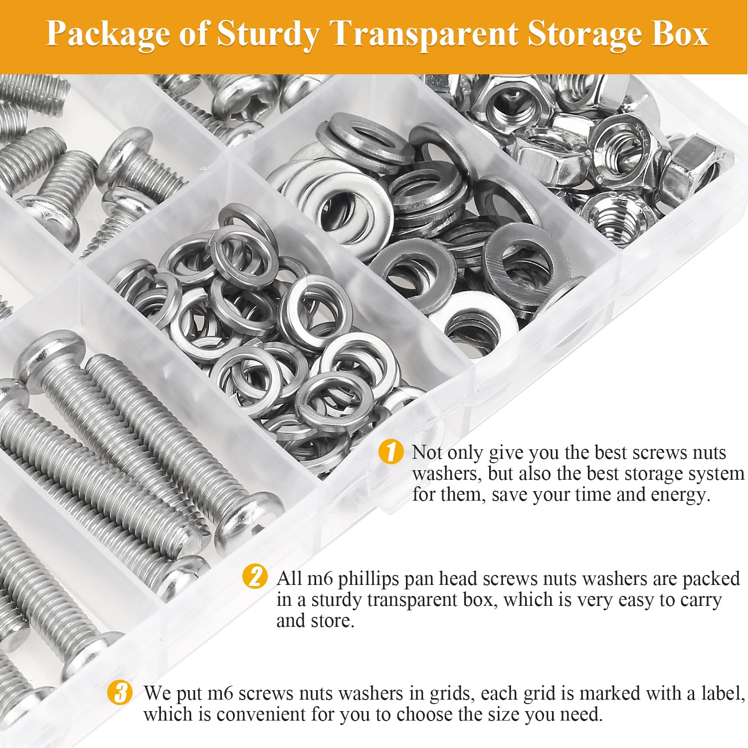 172 Pieces M6 Machine Screws Nuts Washers Set, Sutemribor M6 x 8/10/12/16/20/25/30mm Phillips Pan Head Machine Screws Nuts Washers Assortment Kit, 304 Stainless Steel, Fully Threaded