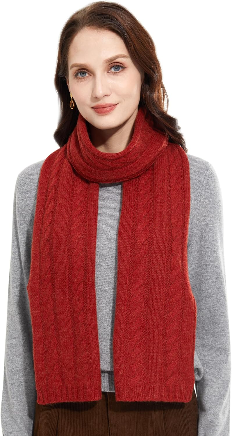 Soft Warm 100% Cashmere Scarf for Women Lightweight Luxury Cable Stitch Scarves Rust Red - Image 5