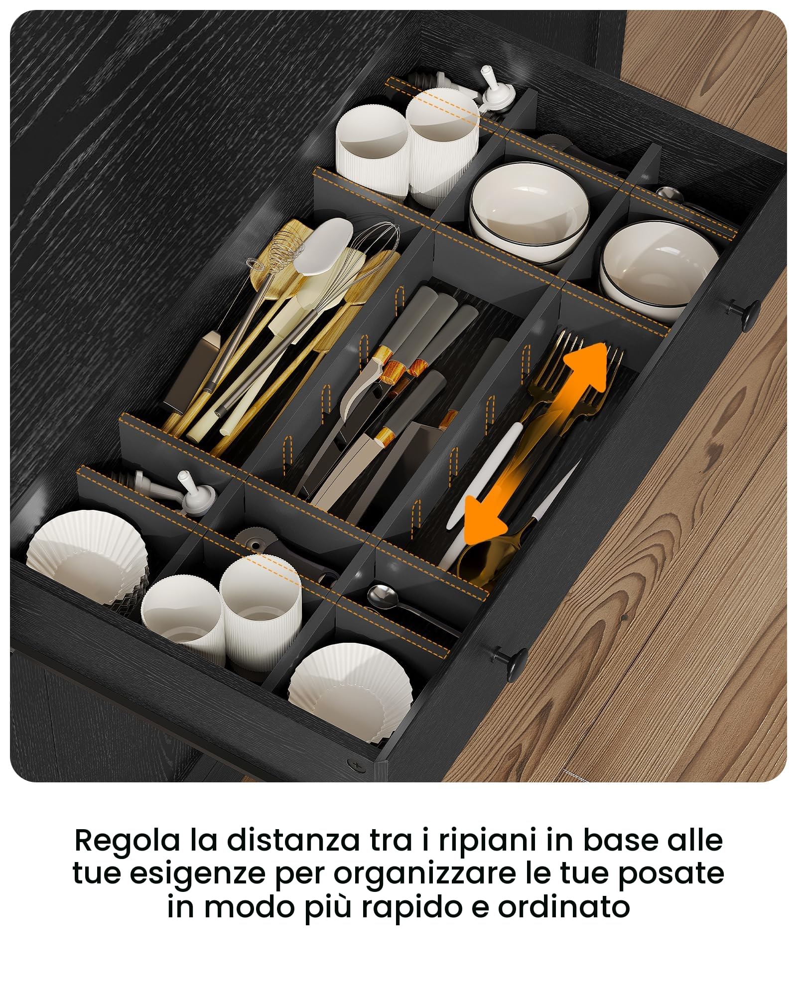 Credenza, Credenza Cucina con LED, Presa Elettrica, Ripiani Regolabili, Mobile Buffet con Cassetti, Armadio da cucina, Piano di Lavoro, Grande Spazio, Cucina, Sala da Pranzo, 103.5*40*180 cm, Nero