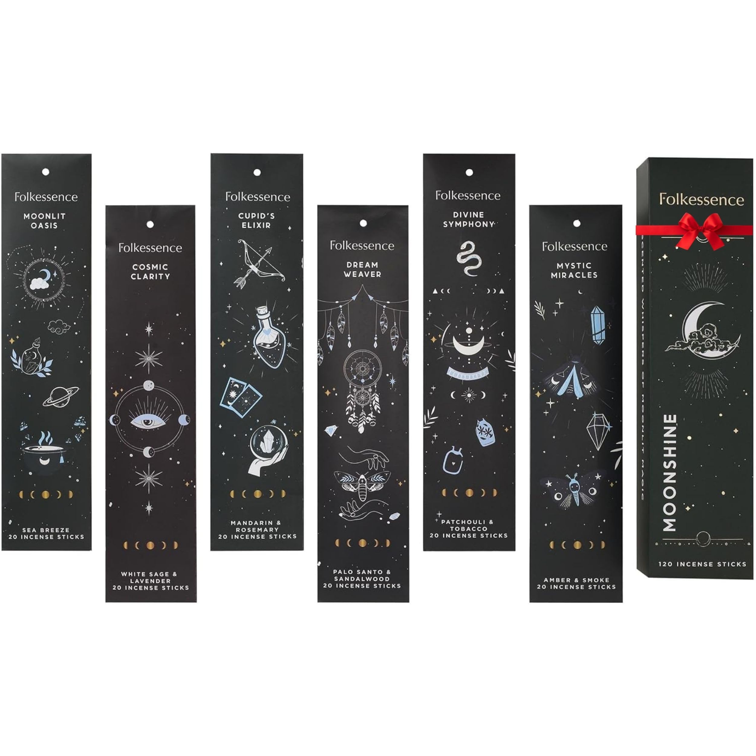Folkulture Moonshine- Set Of 6 Incense Sticks (120 Sticks) | Set Of 6 Premium Incense For Home Cleansing, Aromatherapy, Gifts | No Charcoal, Organic, Non Toxic, 45 Mins, Long Burning Palo Santo, Sandalwood Insence-Sticks