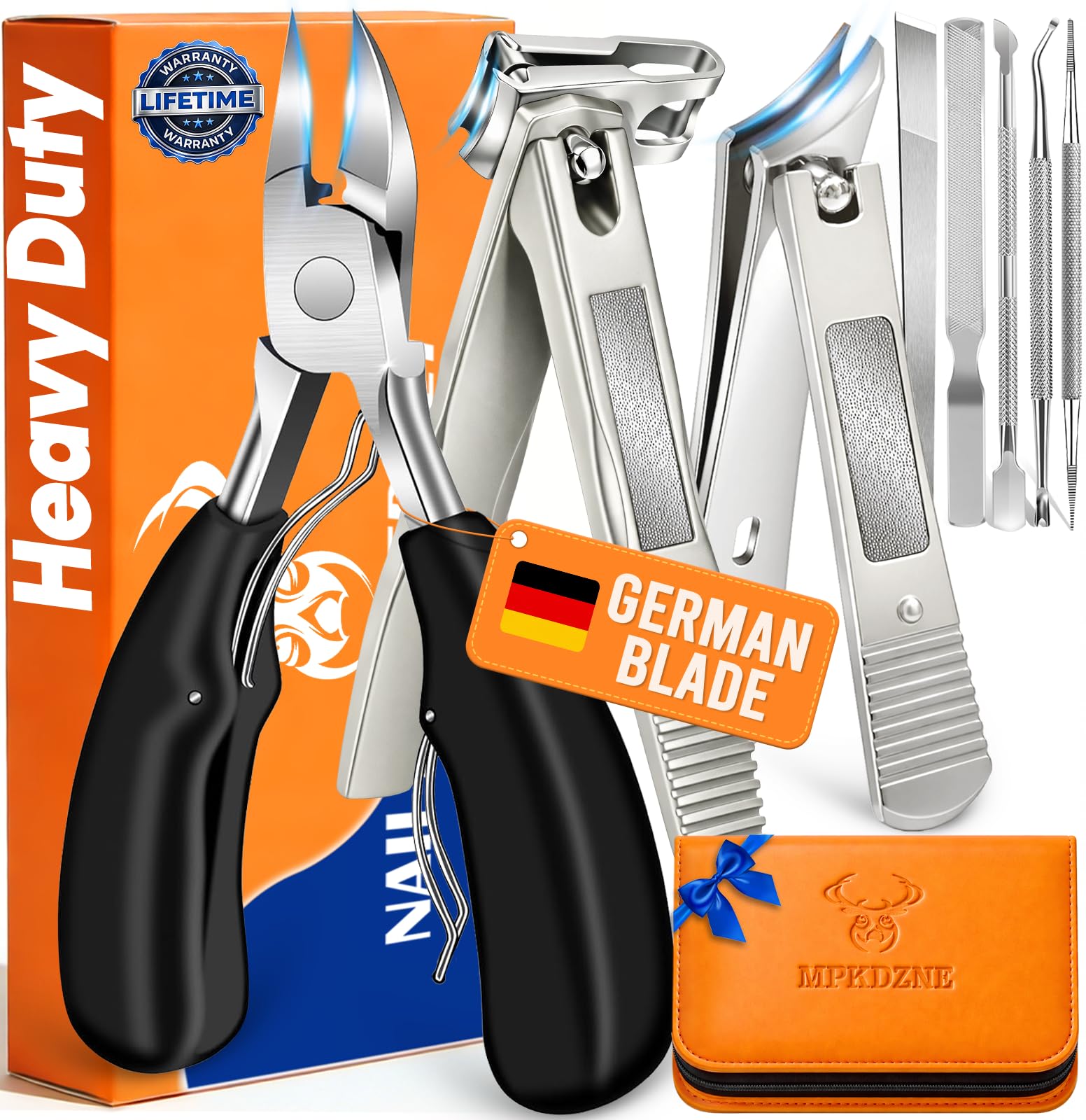 8-in-1 Heavy Duty Toenail & Fingernail Clippers for Seniors Men with Thick & Ingrown Nails - Manicure Pedicure Kit with 360° Swivel Head - Professional Wide Jaw Podiatrist Tools