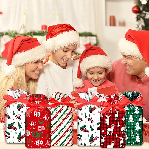 Miniatura 5 de Funrous 50 Piezas Bolsas de Navidad con Cordón Bolsas de Regalo de Plástico con Cordón de Navidad Bolsa de Dulces a Cuadros de Búfalo de Navidad