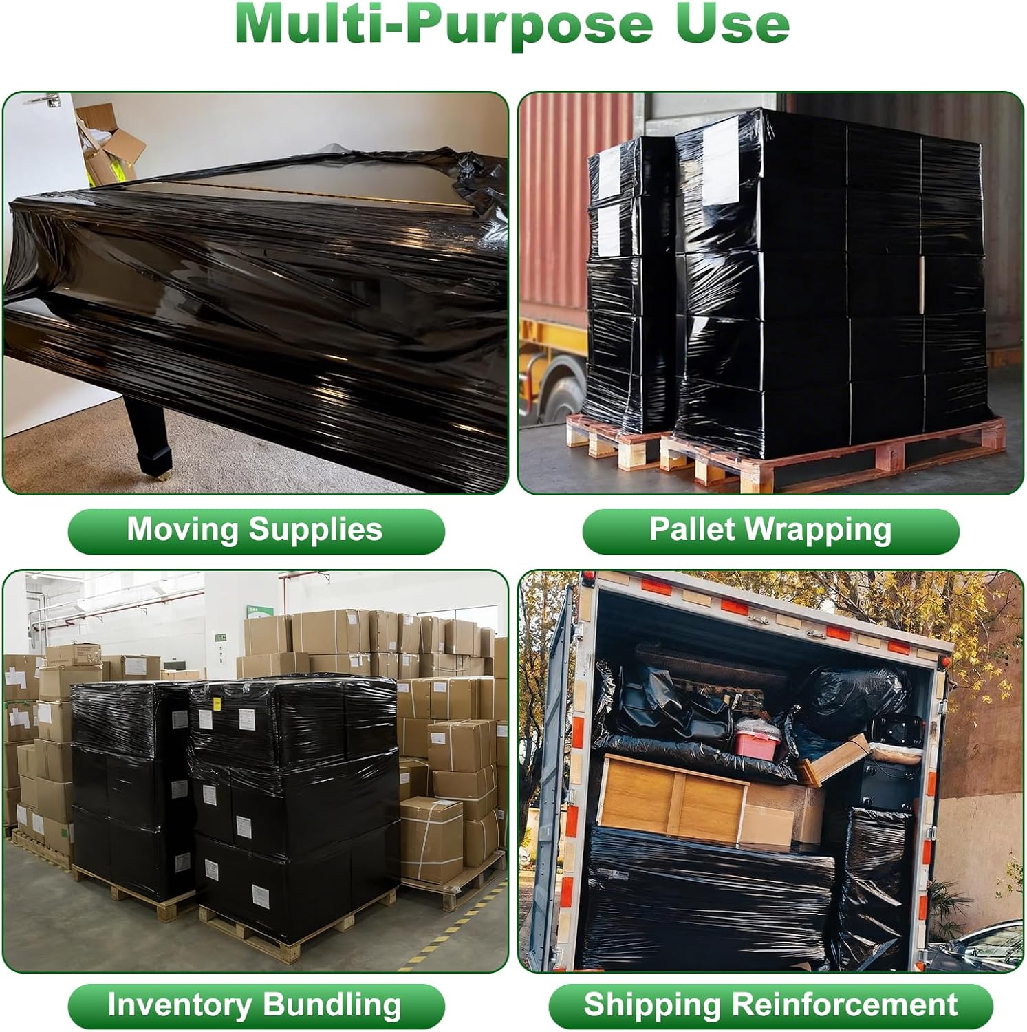 Black Stretch Wrap 80 Gauge 15 Inch x 1000 ft, Industrial Strength Wrap Self-Adhering with Plastic Handle for Packing, Shipping, Moving & Pallet Bundling, 2 Pack