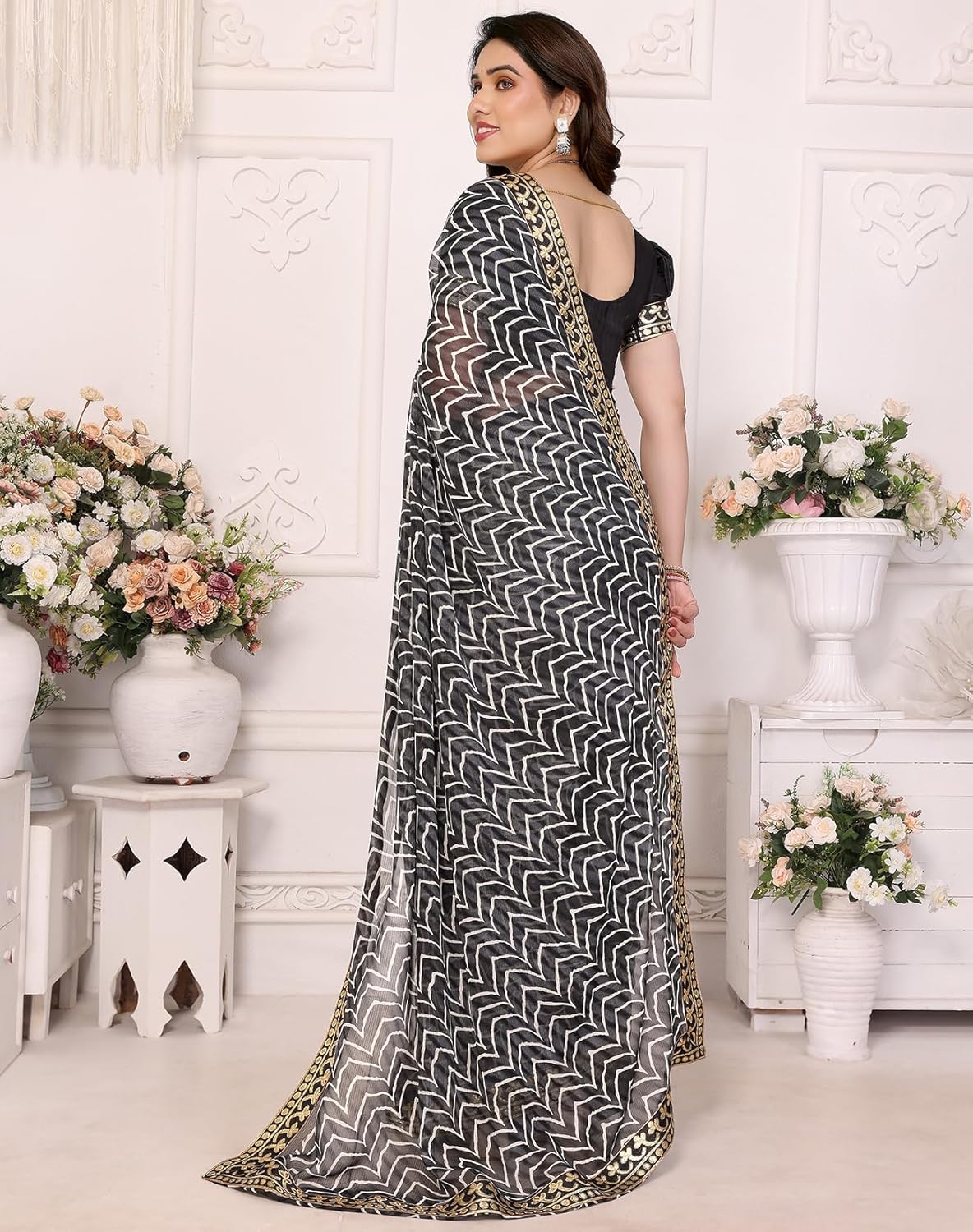 Yashika Women's Printed Georgette Printed Saree With Lace Border and Blouse Material - Image 4