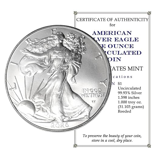2026 U.S. Silver Eagle 1 oz Brilliant Uncirculated with our Smyrnacoin Certificate of Authenticity Dollar Uncirculated US Mint
