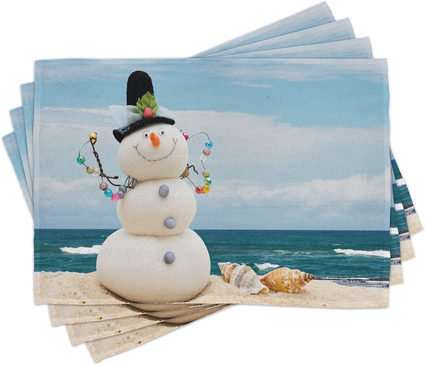 Ambesonne Snowman Place Mats Set of 4, Winter Vacation Holiday Theme Figure Seashells Sitting on Sandy Beach Coastal, Washable Fabric Placemats for Dining Table, Standard Size, Blue Sand