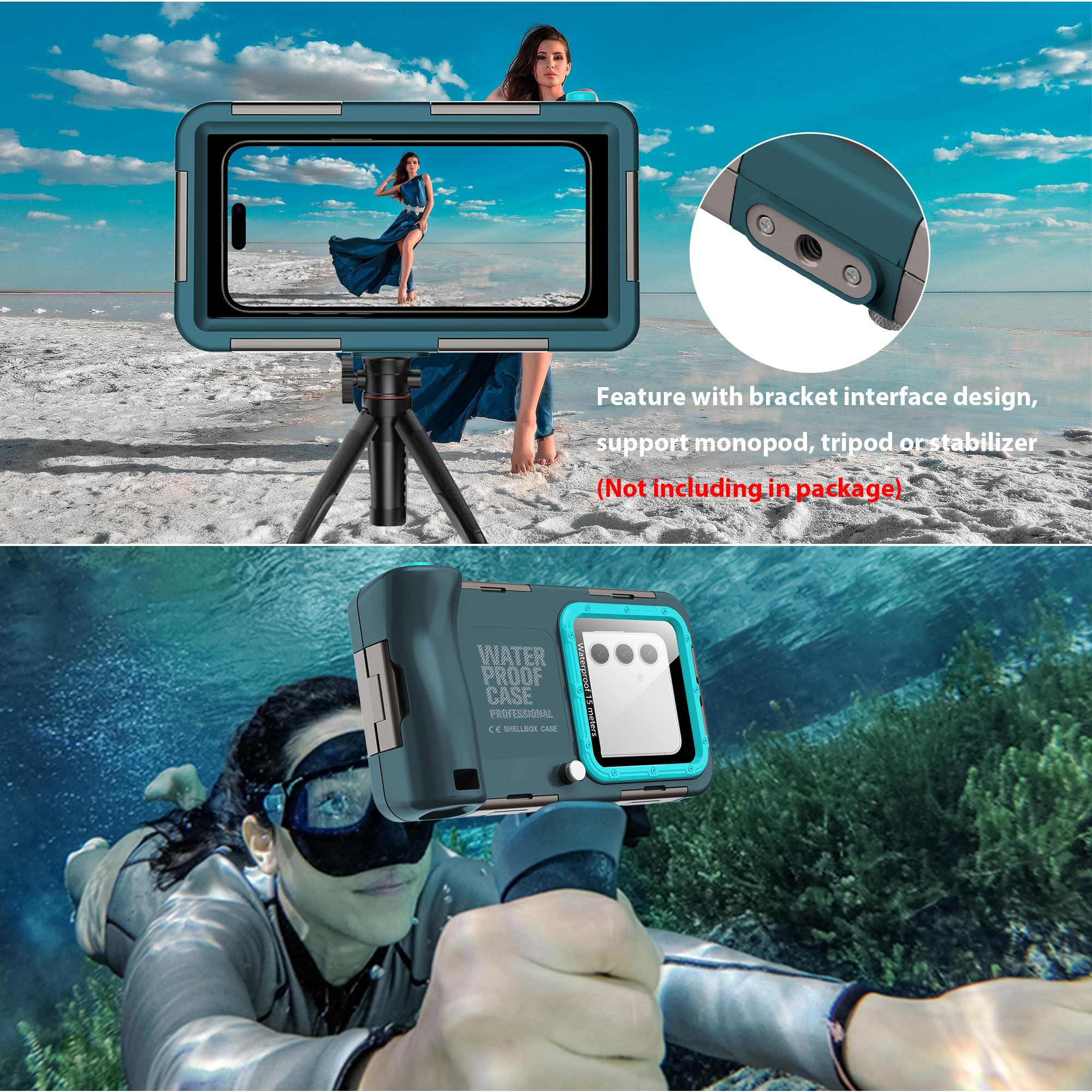 Universelles Tauchen, 15 m, Unterwasser-Schnorcheln, wasserdichte Handyhülle für Samsung Galaxy S26/25/S24/S23 Ultra/Plus, Google Pixel, Motorola, Huawei/LG-Serie, Lautstärke-Taste, Blaugrün