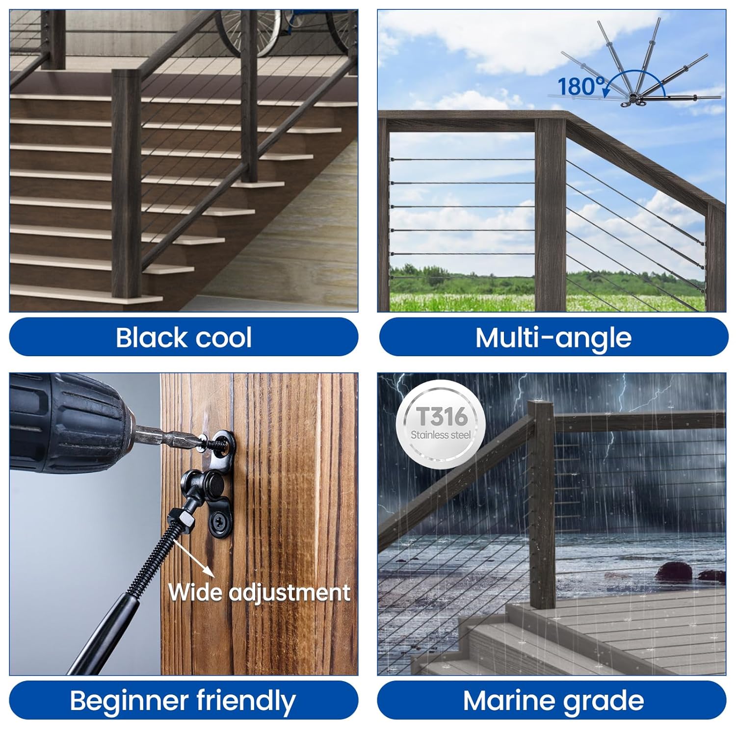 Muzata 20 Pairs 1/8" Black Cable Railing Hardware Kit Swage Toggle Turnbuckle for Wood Post T316 Stainless Steel Deck Cable Railing System Angle 180° Adjustable Stairs 40 Pack CK07