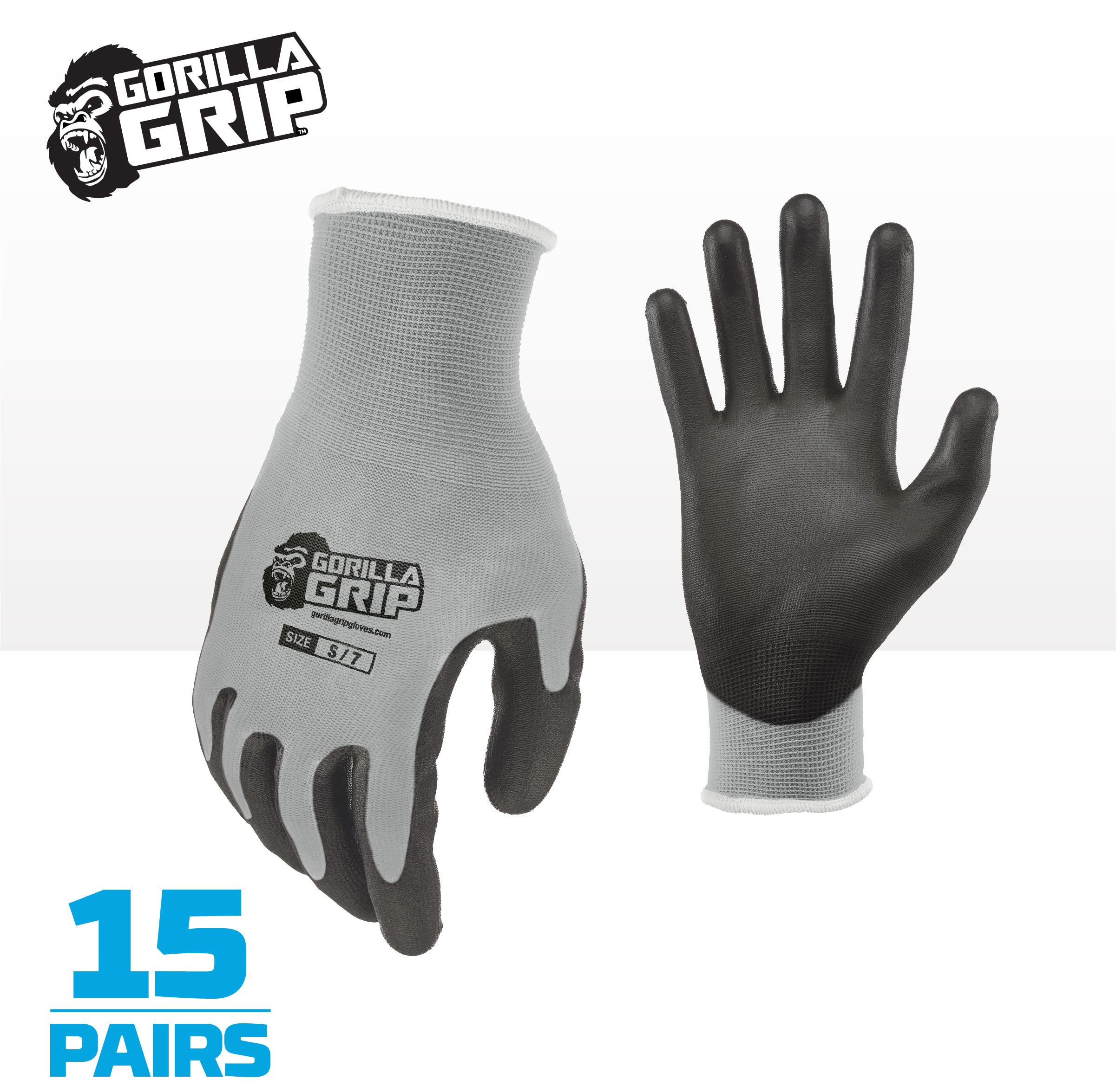 Gorilla Grip Guantes de trabajo multiusos, color gris, antideslizantes, tamaño pequeño, paquete de 15 pares de guantes