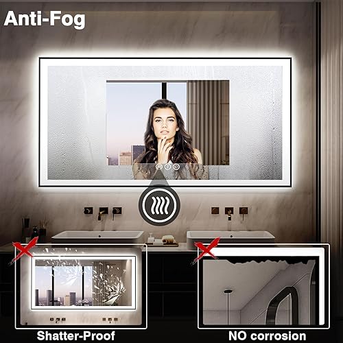 Miniatura 6 de Espejo de baño LED de 60 x 28 pulgadas para pared, marco de aluminio negro (frontal y retroiluminado), espejo de tocador antivaho con iluminación,