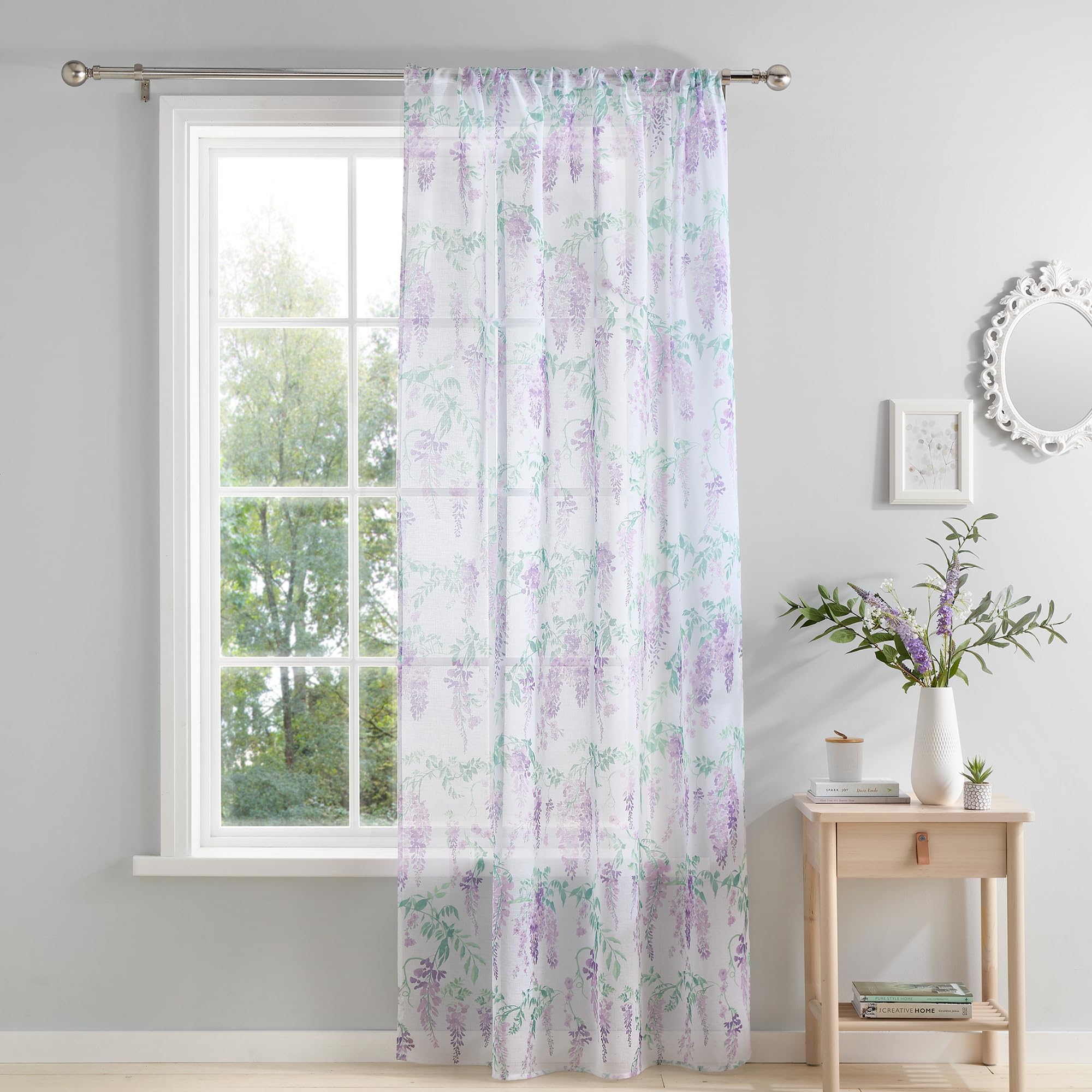Dreams & Drapes - Purple Wisteria Single Net Curtain for Windows - W55 x L72 (140 x 182cm) - Purple Floral Window Net - White Voile Curtain for Bedroom & Living Room - White Sheer Curtains