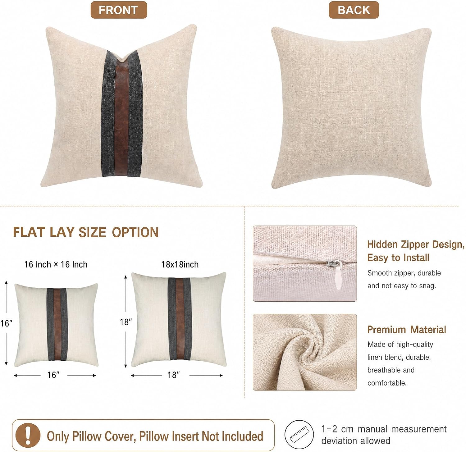 Set of 2 Leather Throw Pillow Covers Cotton Linen Decor Patchwork Pillow Cover Faux Leather Pillows Cover for Couch Sofa Living Room Bedroom,Beige 16"x16"