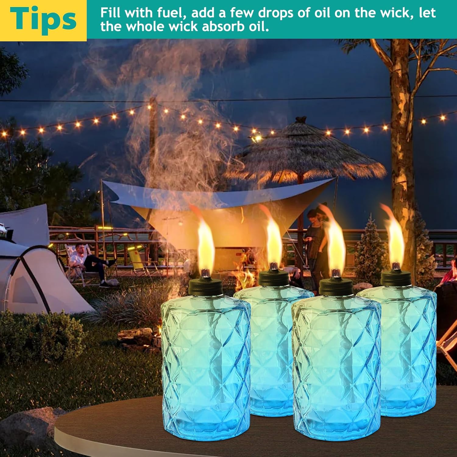 4 Pack Blue Glass Garden Torch,60-Inch Outdoor Torch Garden Décor, Upgraded 12 oz Citronella Torches with 3-Prong Grounded Stake,Metal Light Torches for Party Patio Pathway