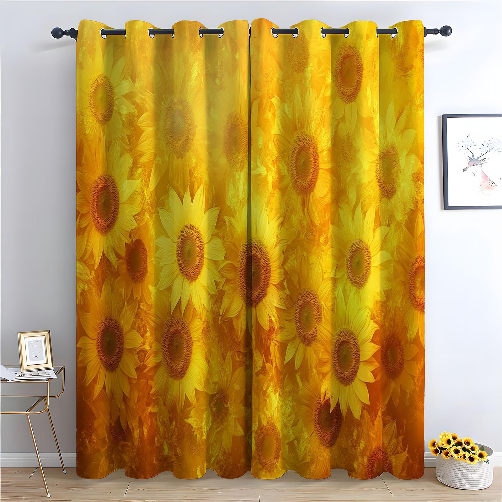 TERUEA Curtains for Spring Scenery Warm golden sunflower vintage floral Textured Farmhouse Curtains Leaf Printed Rustic Drapes Window Treatment-28 W x 63" L (Pack of 2)