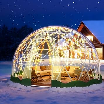 12FT Garden Dome Tent, Geodesic Dome Greenhouse with PVC Clear Cover, Waterproof Garden Bubble Dome Tent House with 2 x 10M Light Strings for Outdoor, Patio, Party Green Edge, 12.6FT/3.84M