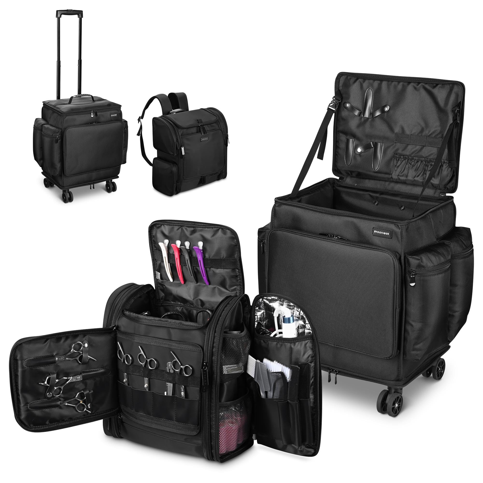 BYOOTIQUE2in1 Soft Sided Rolling Makeup Train Case Travel Backpack For Hair Stylist Tools Curling Iron Straightener Salon Barber Shop, Black
