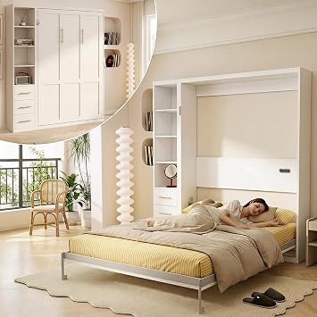 Olela Murphy Bed Cabinet Queen Size with Storage, 4-Hydraulic Lift System | Vertical Murphy Wall Bed Bookcase Combo, Easy to Fold, Space Saving Hideaway Beds for Home Office Guest Room, White