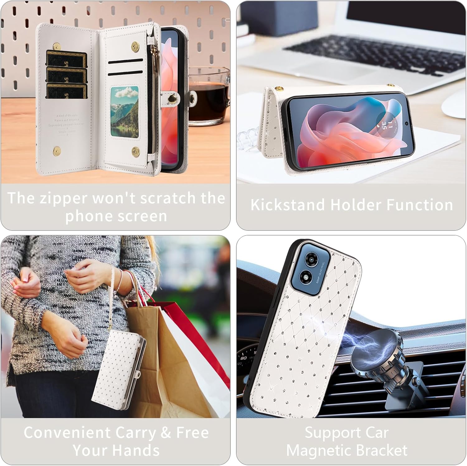 Asuwish Phone Case for Motorola Moto G Play 2024 4G Zipper Wallet Detachable Cell Cover with Tempered Glass Screen Protector Strap Glitter Flip Card Holder Slot XT2413V XT2413-1 64GB Women Girls White