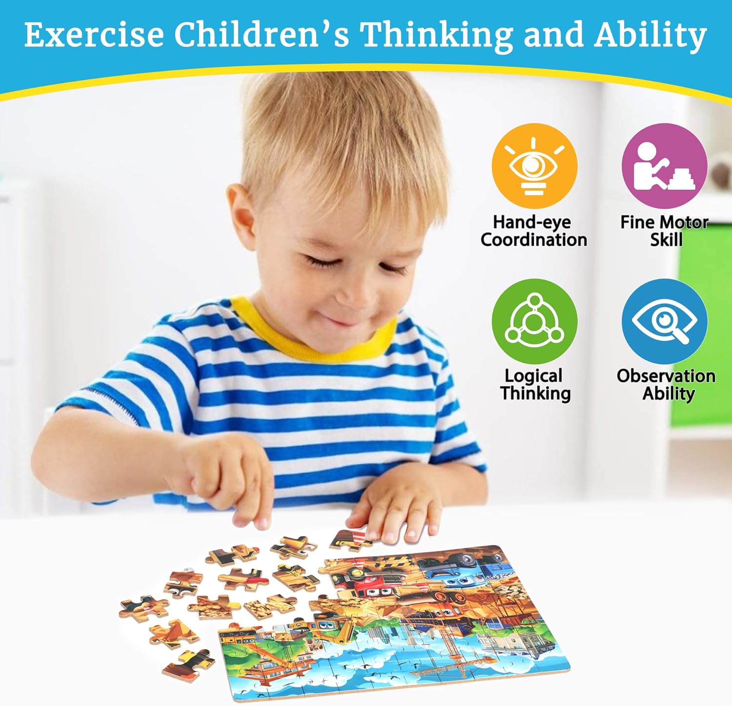 Construction Vehicles Puzzles for Kids Ages 4-8, 60 Pieces Jigsaw Puzzles for Kids Ages 3-5 Puzzle for Girls and Boys Learning Educational Puzzles Toys in a Metal Box